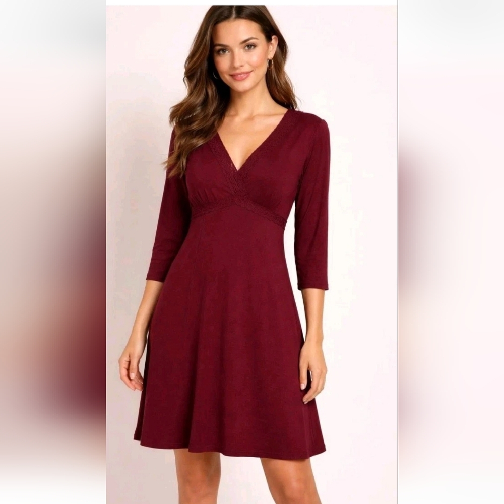 Ann Taylor LOFT Dress Petite Sz 14 Burgundy V-Neck Long Sleeve Knee Length Boho